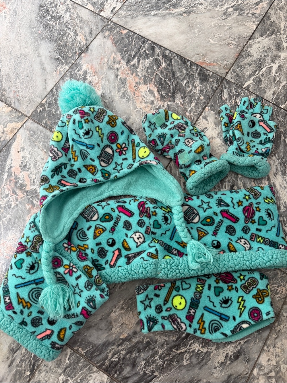 The Children's Place Teal Pom-Pom Fleece Hat, Mittens & Scarf Set